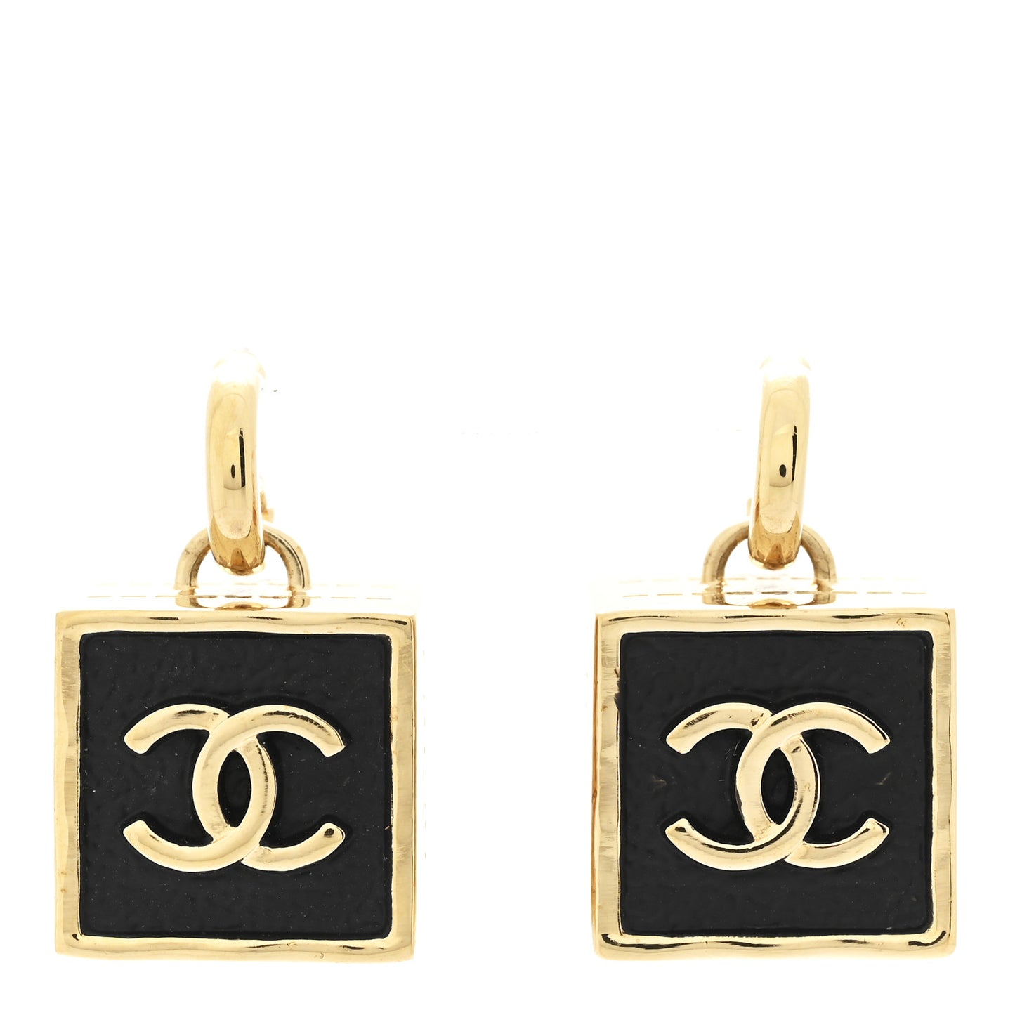 Metal Enamel CC Square Drop Earrings Gold Black
