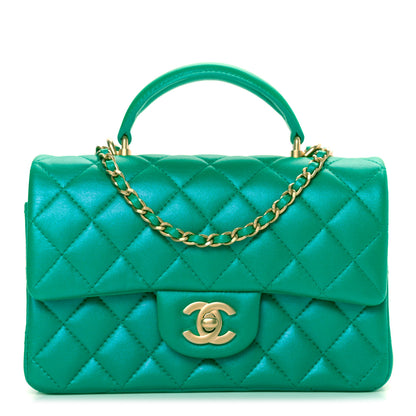 Chanel Iridescent Lambskin Quilted Mini Top Handle Rectangular Flap Green 1 of 10
