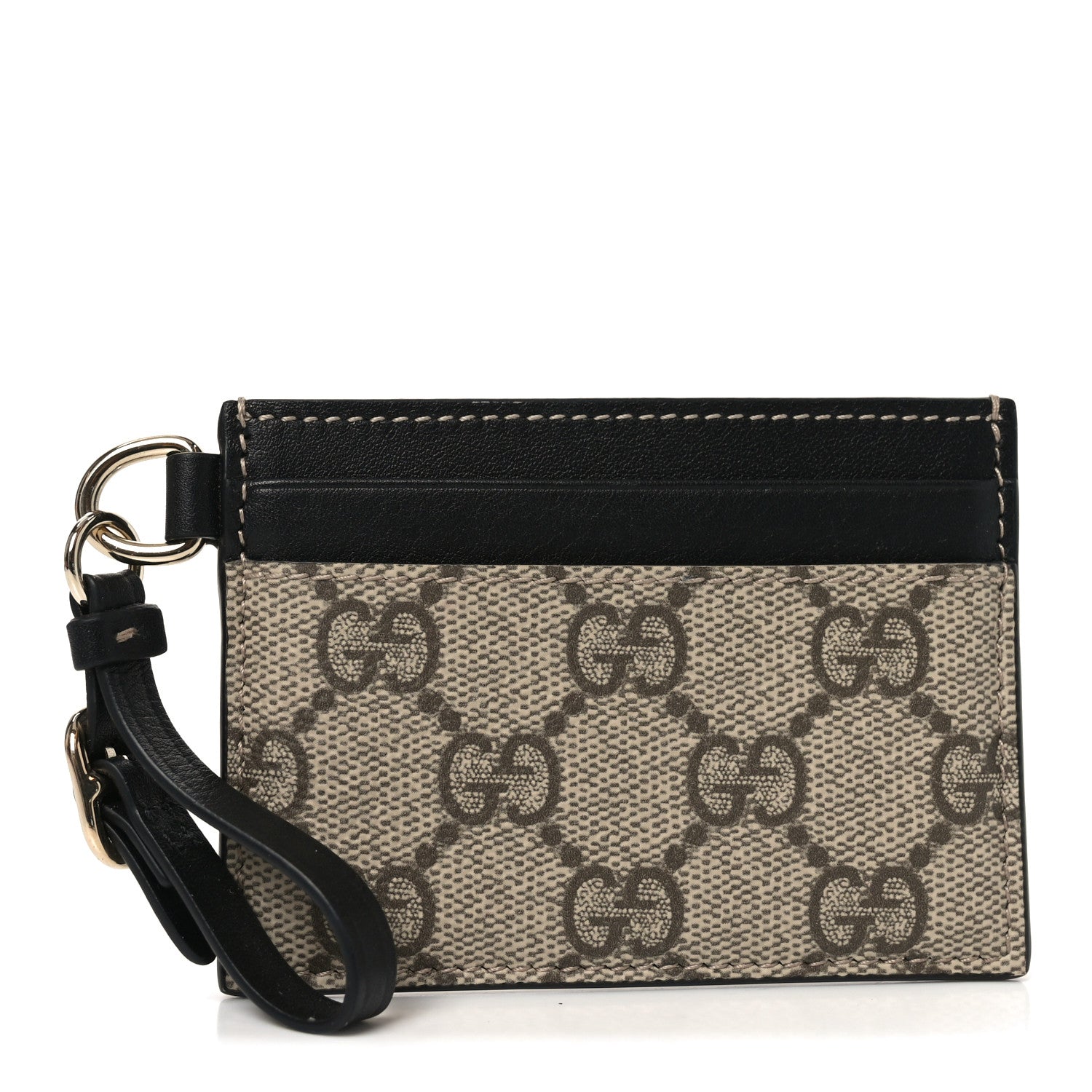 Gucci GG Supreme Monogram Calfskin Emblem Card Holder With Strap Beige Black 1 of 8