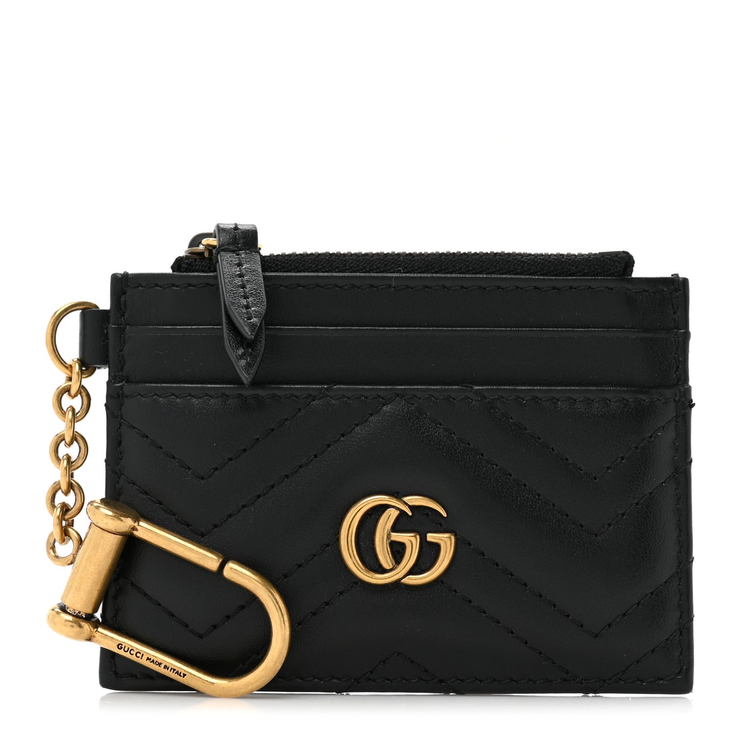 Calfskin Matelasse Chevron GG Marmont Key Case Card Holder Black