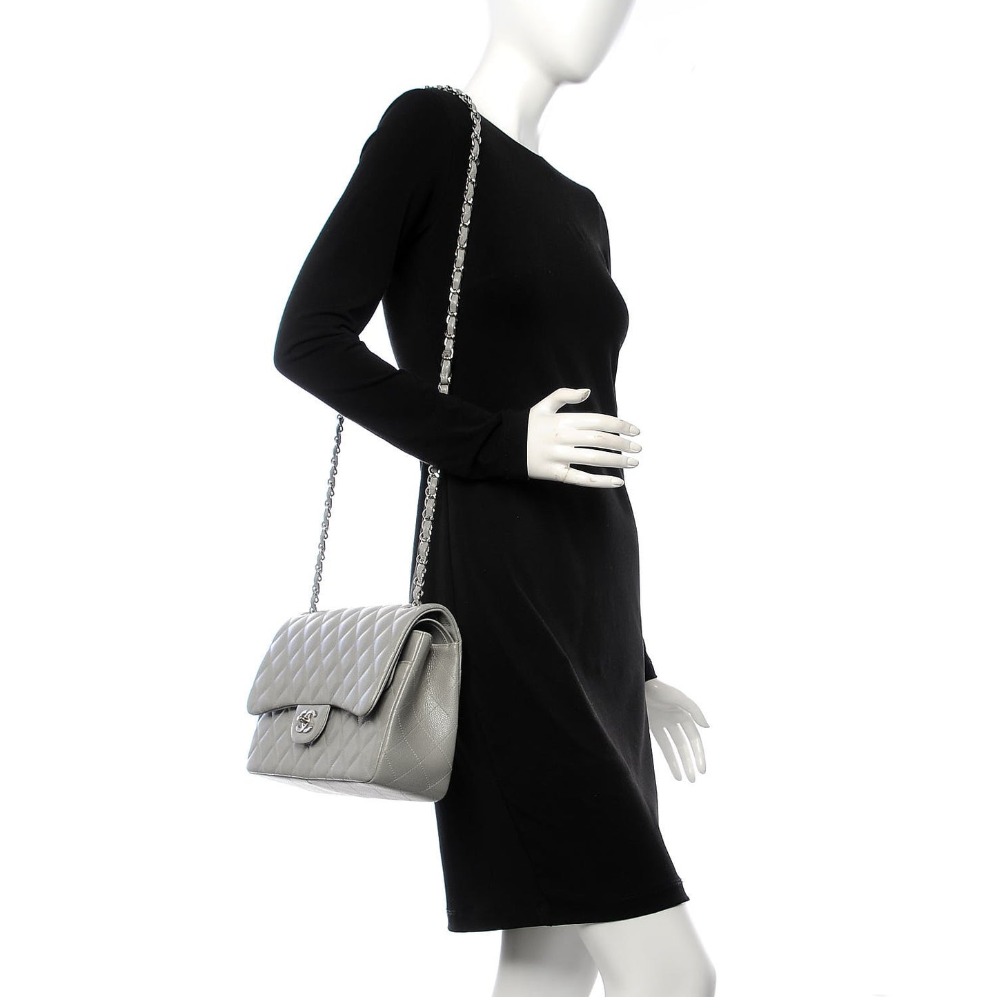 Caviar Quilted Jumbo Double Flap Grey