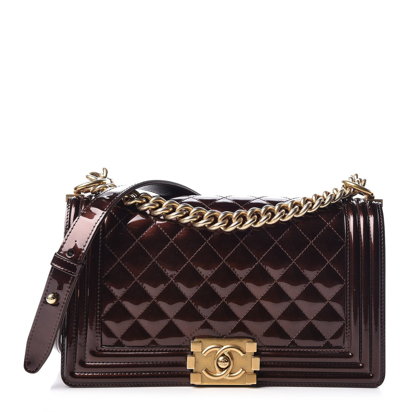 Metallic Patent Calfskin Quilted Medium Boy Flap Brown