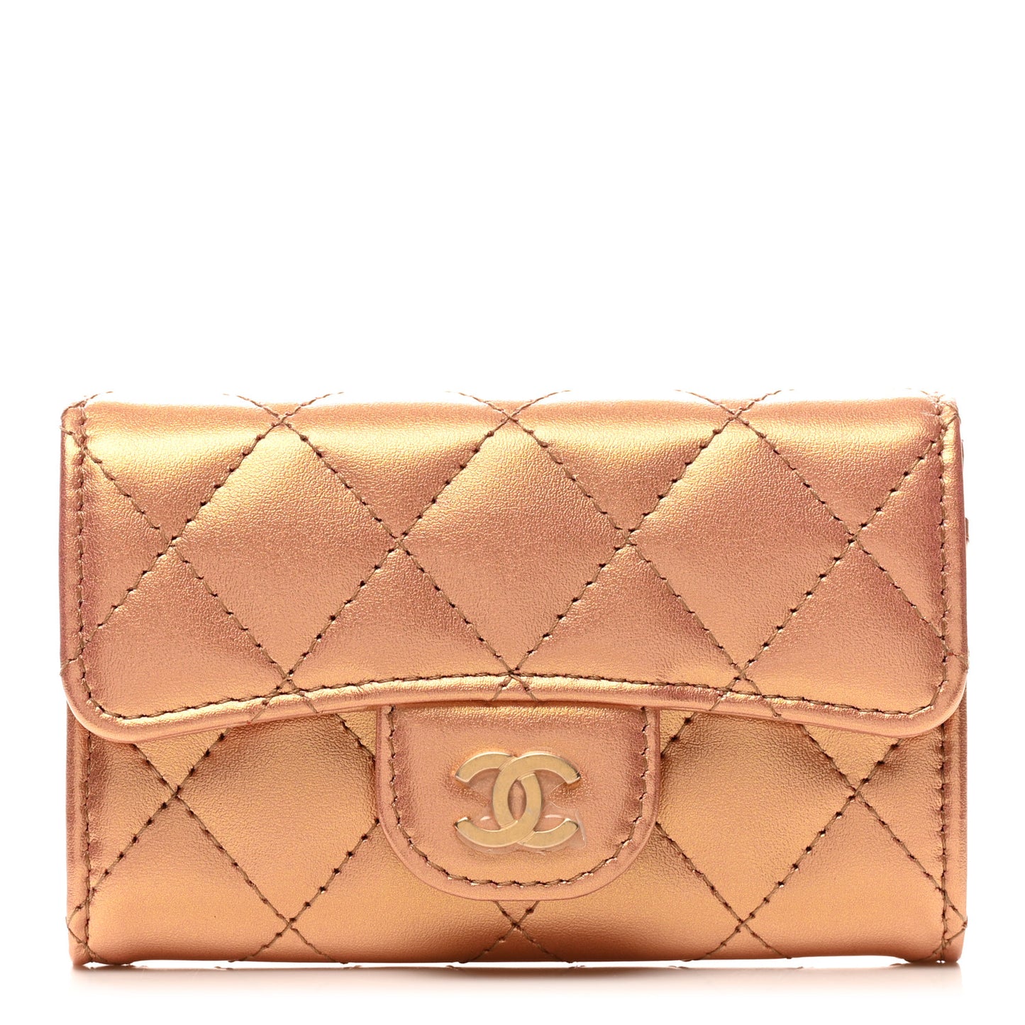 Metallic Lambskin Quilted Flap Card Holder Wallet Gold
