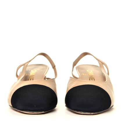 Chanel Goatskin Grosgrain Cap Toe CC Slingback Pumps 36 Beige Black 4 of 7