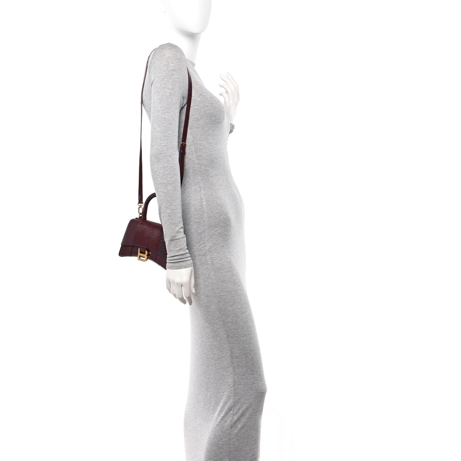 Balenciaga Calfskin Crocodile Lizard Embossed XS Patchwork Hourglass Top Handle Bag Burgundy 2 of 11
