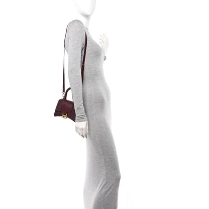 Balenciaga Calfskin Crocodile Lizard Embossed XS Patchwork Hourglass Top Handle Bag Burgundy 2 of 11