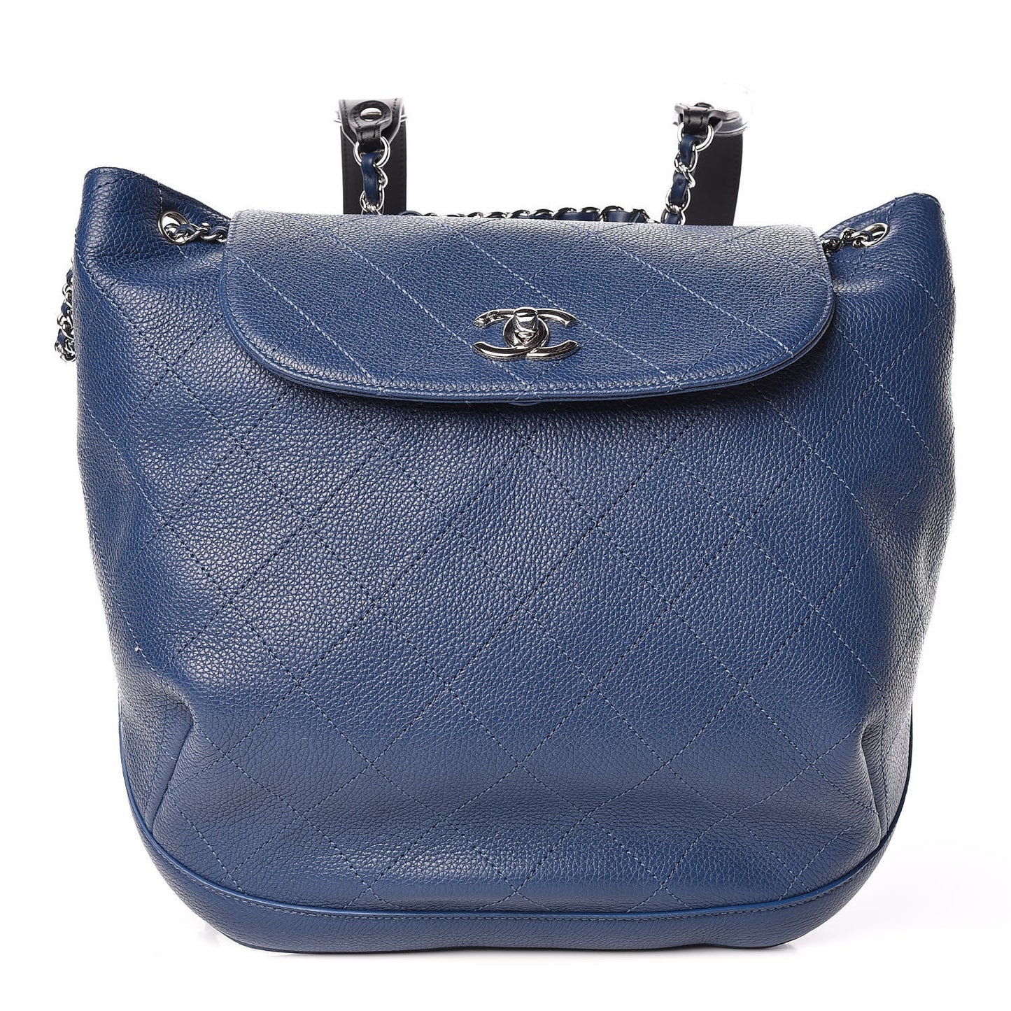 Grained Calfskin Stitched Flap Drawstring Backpack Blue Black