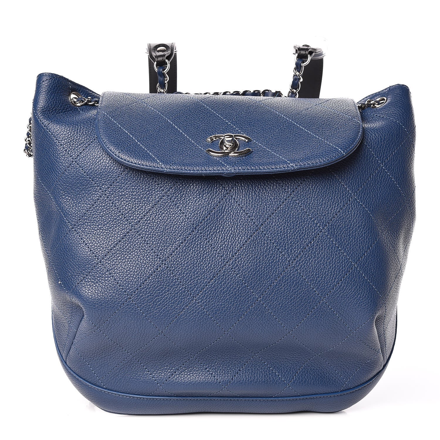 Chanel Grained Calfskin Stitched Flap Drawstring Backpack Blue Black 1 of 9