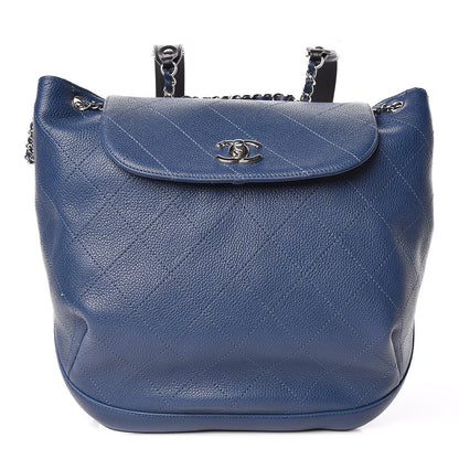Chanel Grained Calfskin Stitched Flap Drawstring Backpack Blue Black 1 of 9