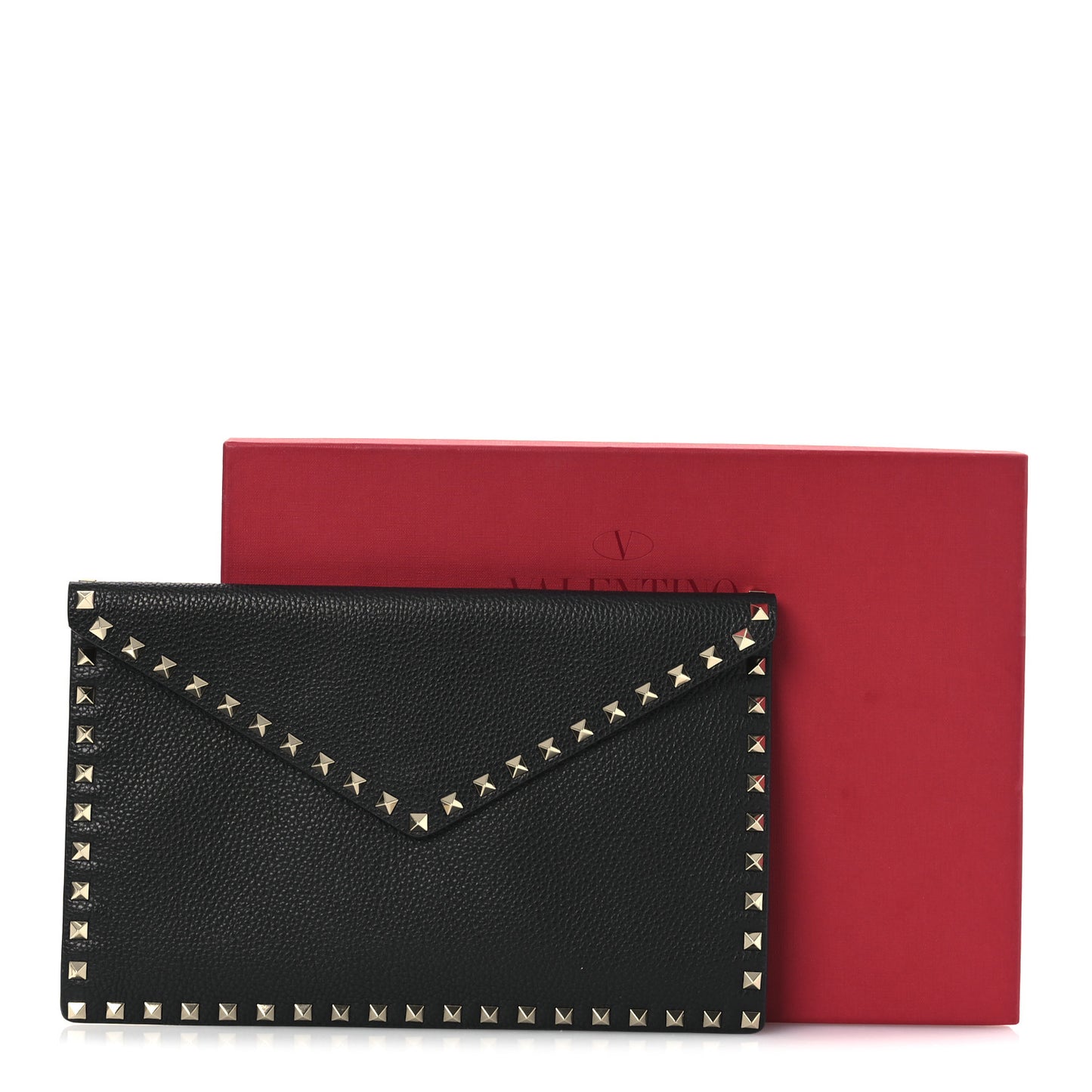 Pebbled Calfskin Large Rockstud Envelope Clutch Black