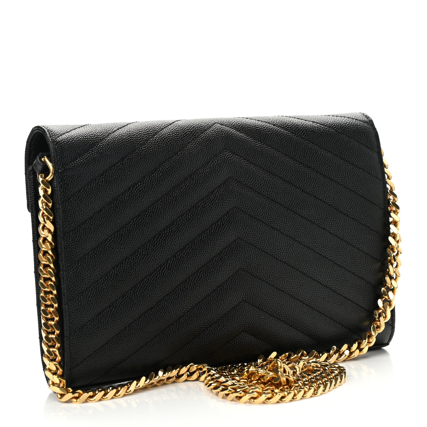 Saint Laurent Grain De Poudre Matelasse Chevron Monogram Chain Wallet Black 3 of 14