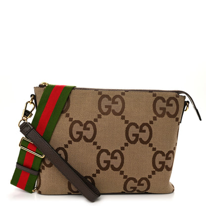 Gucci Monogram Jumbo GG Textured Dollar Calfskin Web Wristlet Messenger Bag Camel Ebony New Acero 1 of 11