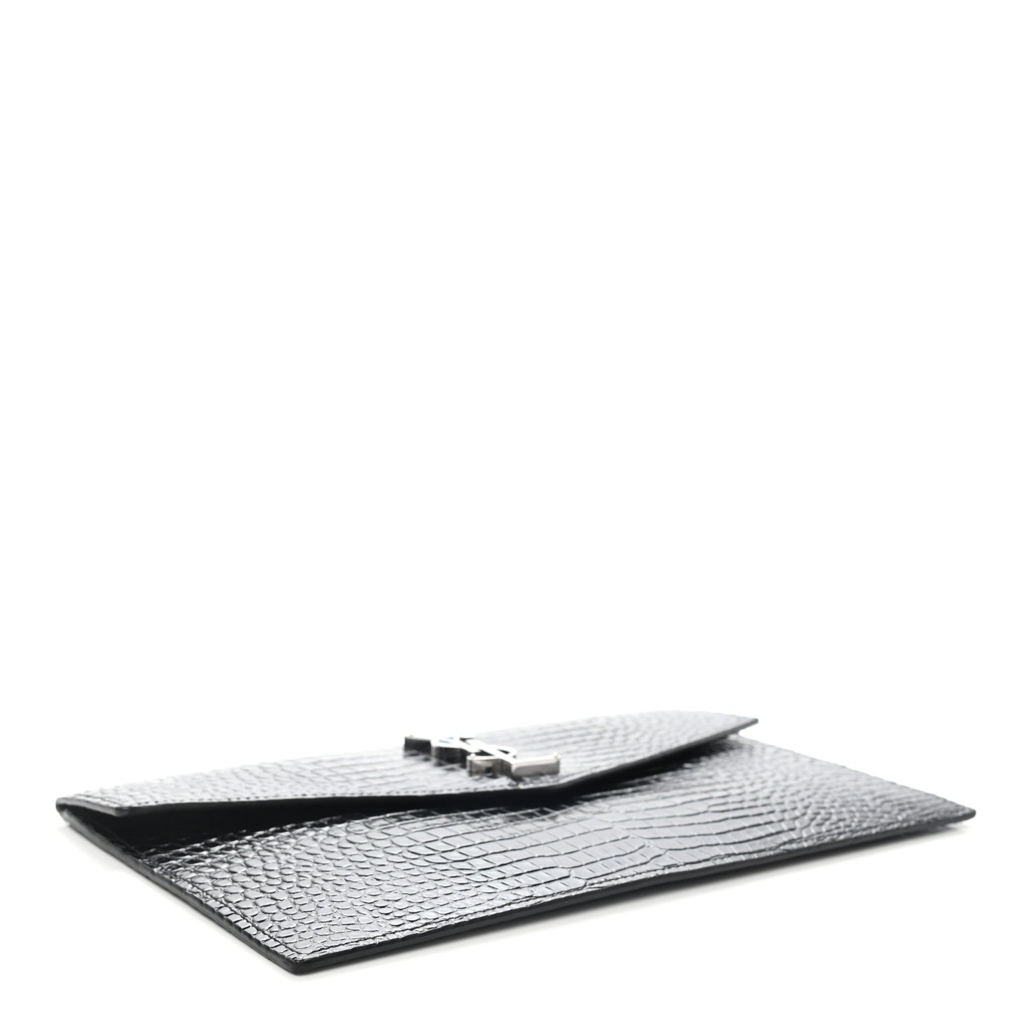 Saint Laurent Calfskin Crocodile Embossed Uptown Monogram Pouch Black 4 of 8