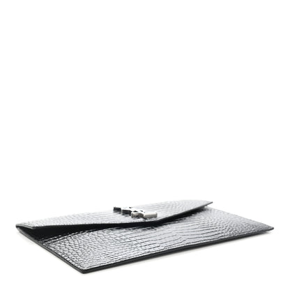Saint Laurent Calfskin Crocodile Embossed Uptown Monogram Pouch Black 4 of 8
