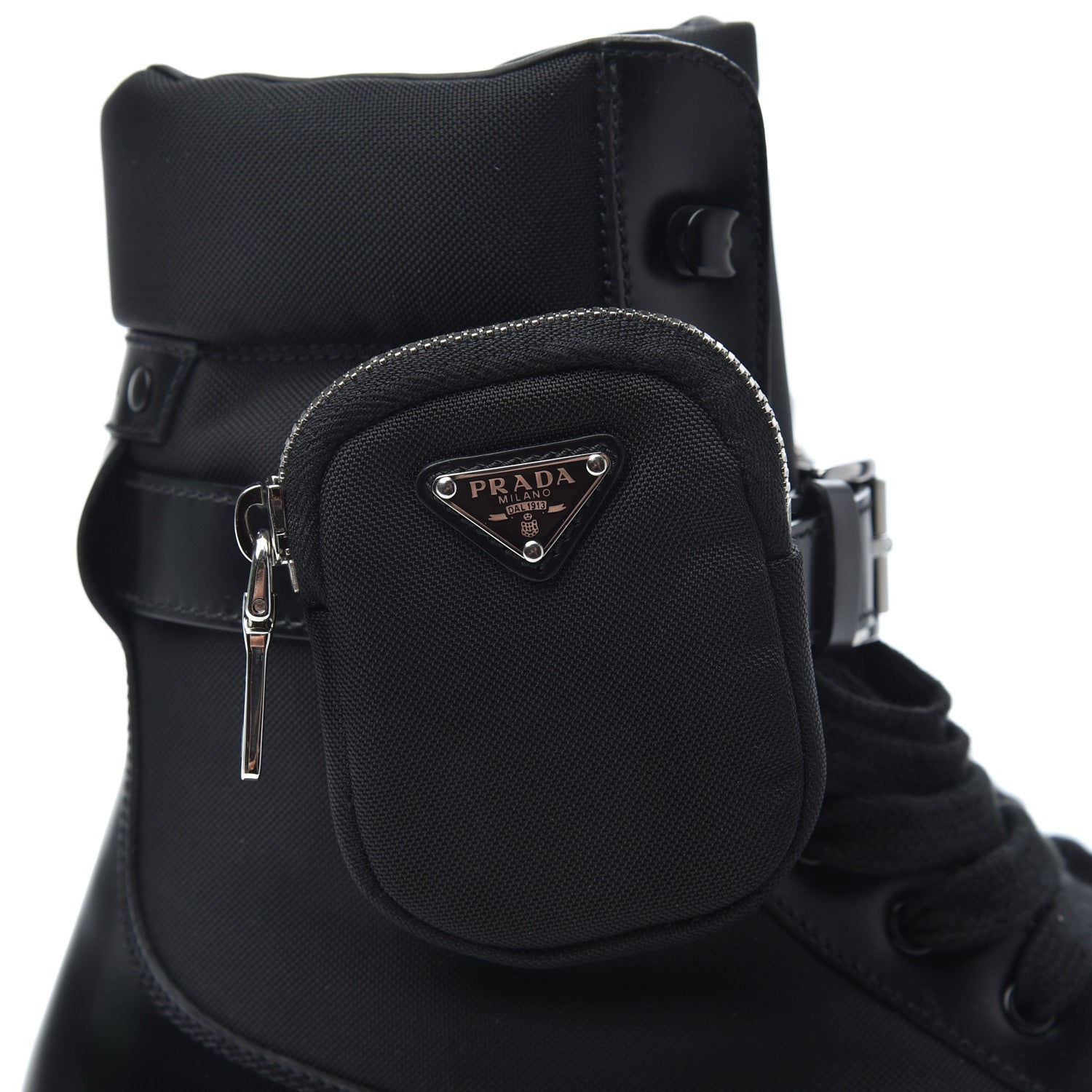 Prada Spazzolato Roi Technical Nylon Metal Triangle Logo Mens Pouch Pocket Combat Boots 9.5 Black 15 of 16