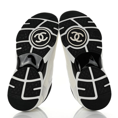 Chanel Mesh Suede Calfskin Grained Calfskin Womens CC Sneakers 38.5 White Black 5 of 9