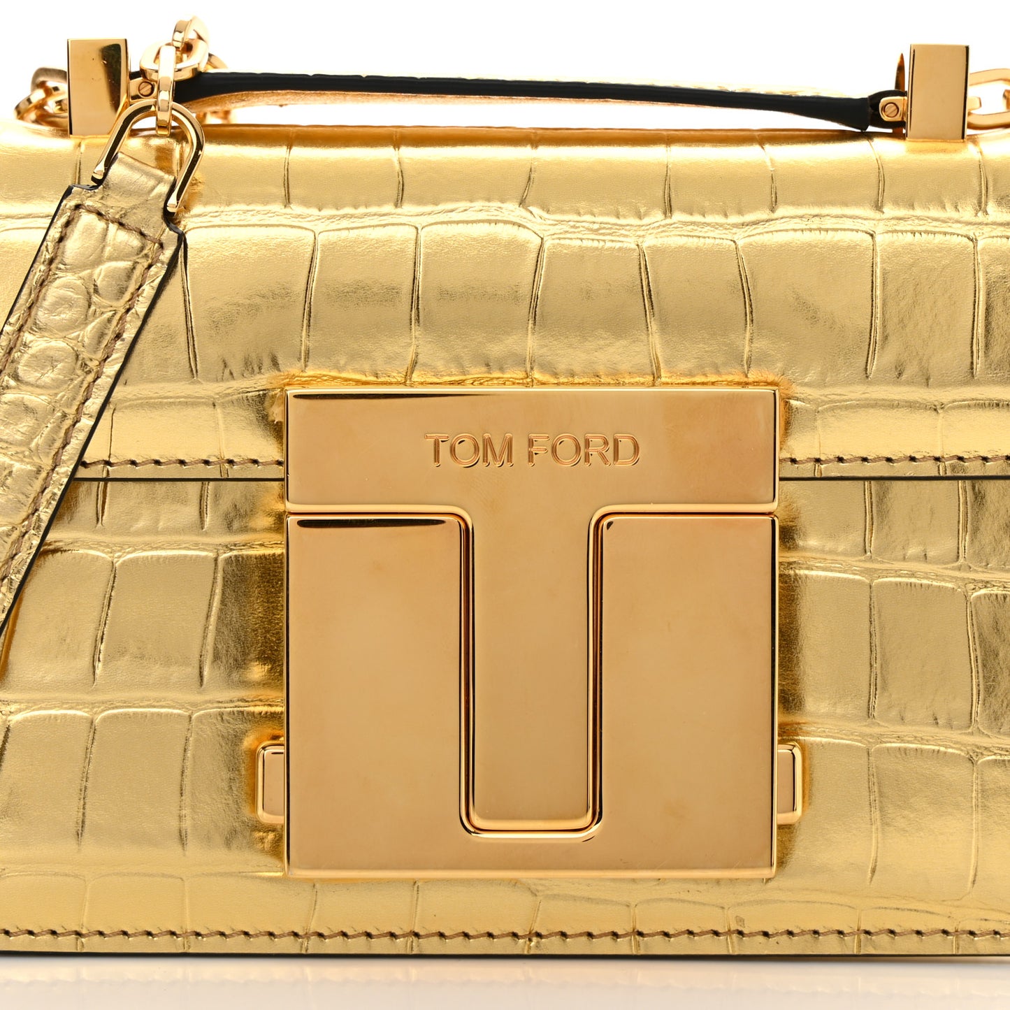 Metallic Calfskin Crocodile Embossed Mini T Clasp Shoulder Bag Gold
