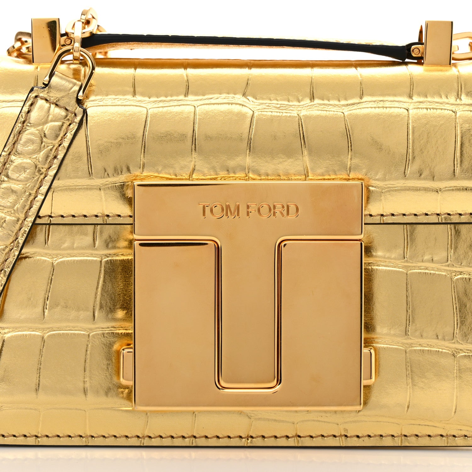 Tom Ford Metallic Calfskin Crocodile Embossed Mini T Clasp Shoulder Bag Gold 7 of 11