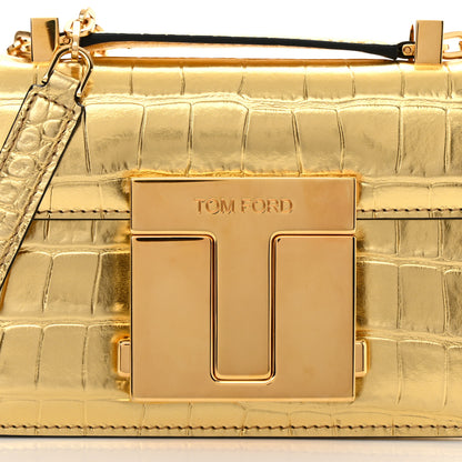 Tom Ford Metallic Calfskin Crocodile Embossed Mini T Clasp Shoulder Bag Gold 7 of 11