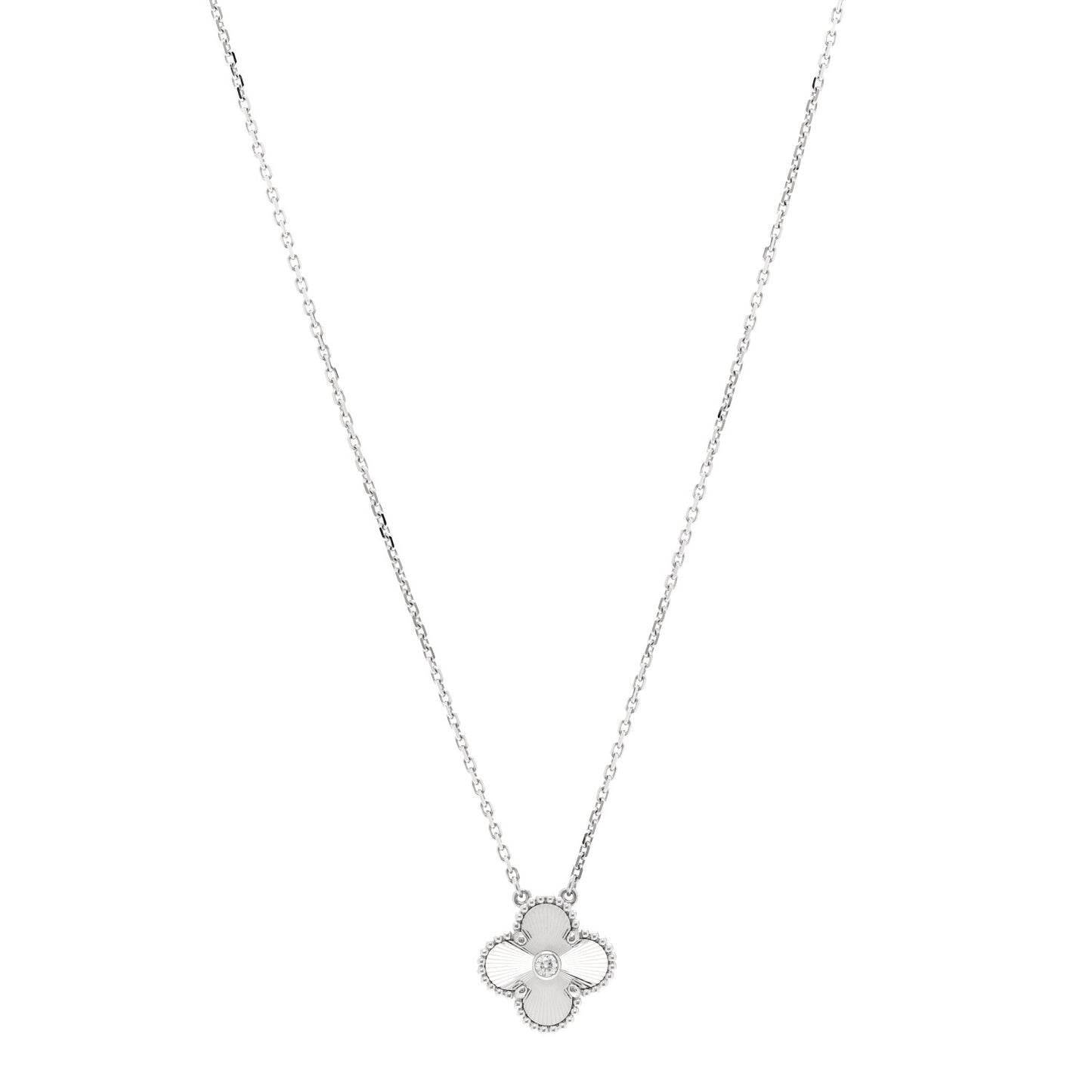 18K White Gold Diamond Guilloche Vintage Alhambra Pendant Necklace