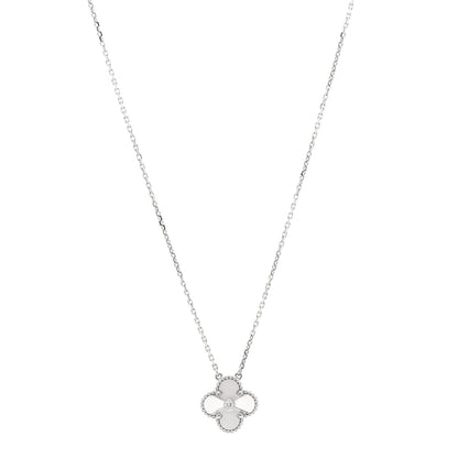 Van Cleef & Arpels 18K White Gold Diamond Guilloche Vintage Alhambra Pendant Necklace 1 of 7