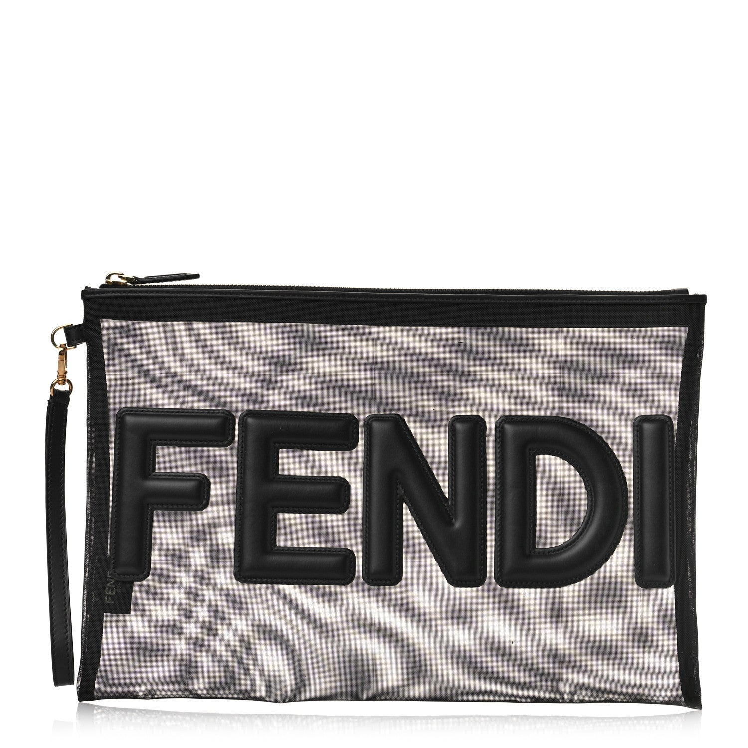 Fendi Mesh Vitello King Logo Embroidered Large Flat Pouch Black 1 of 8