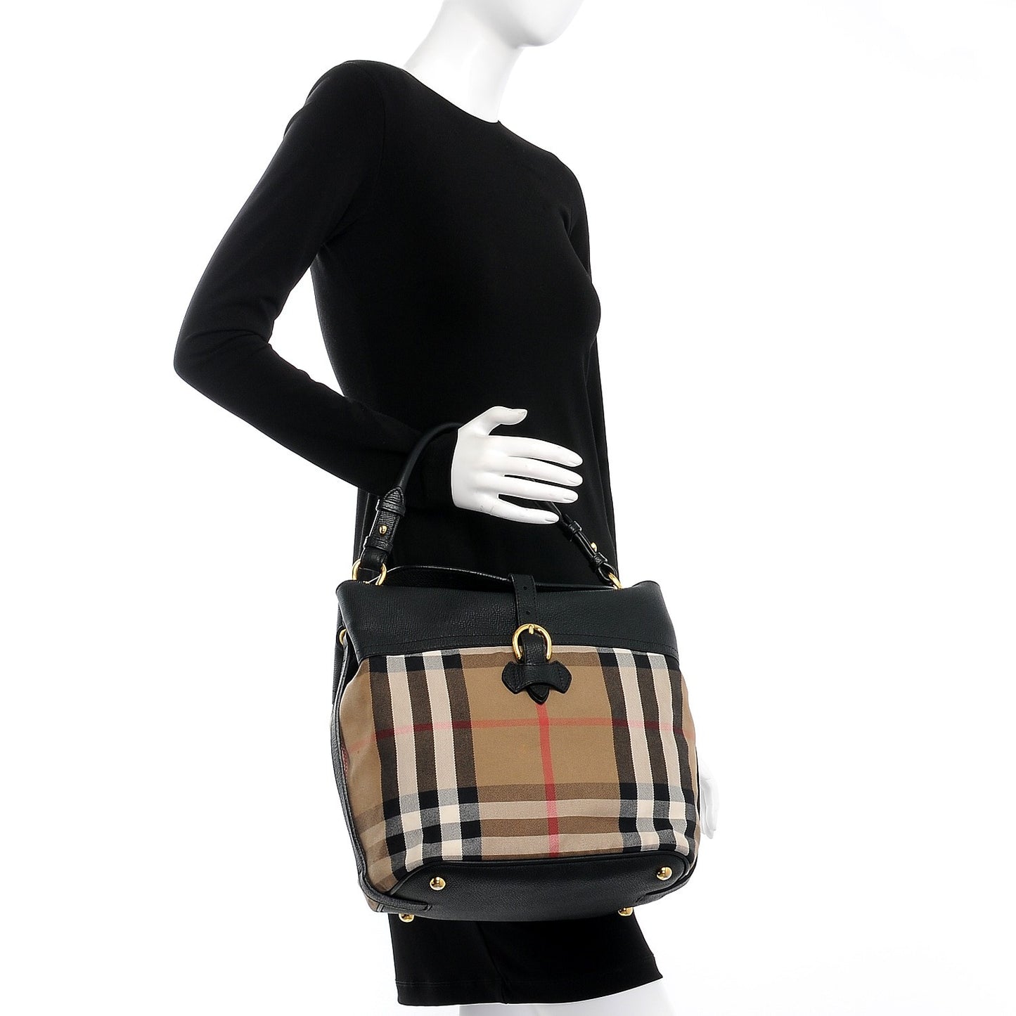 Grainy Calfskin House Check Medium Sycamore Hobo Black