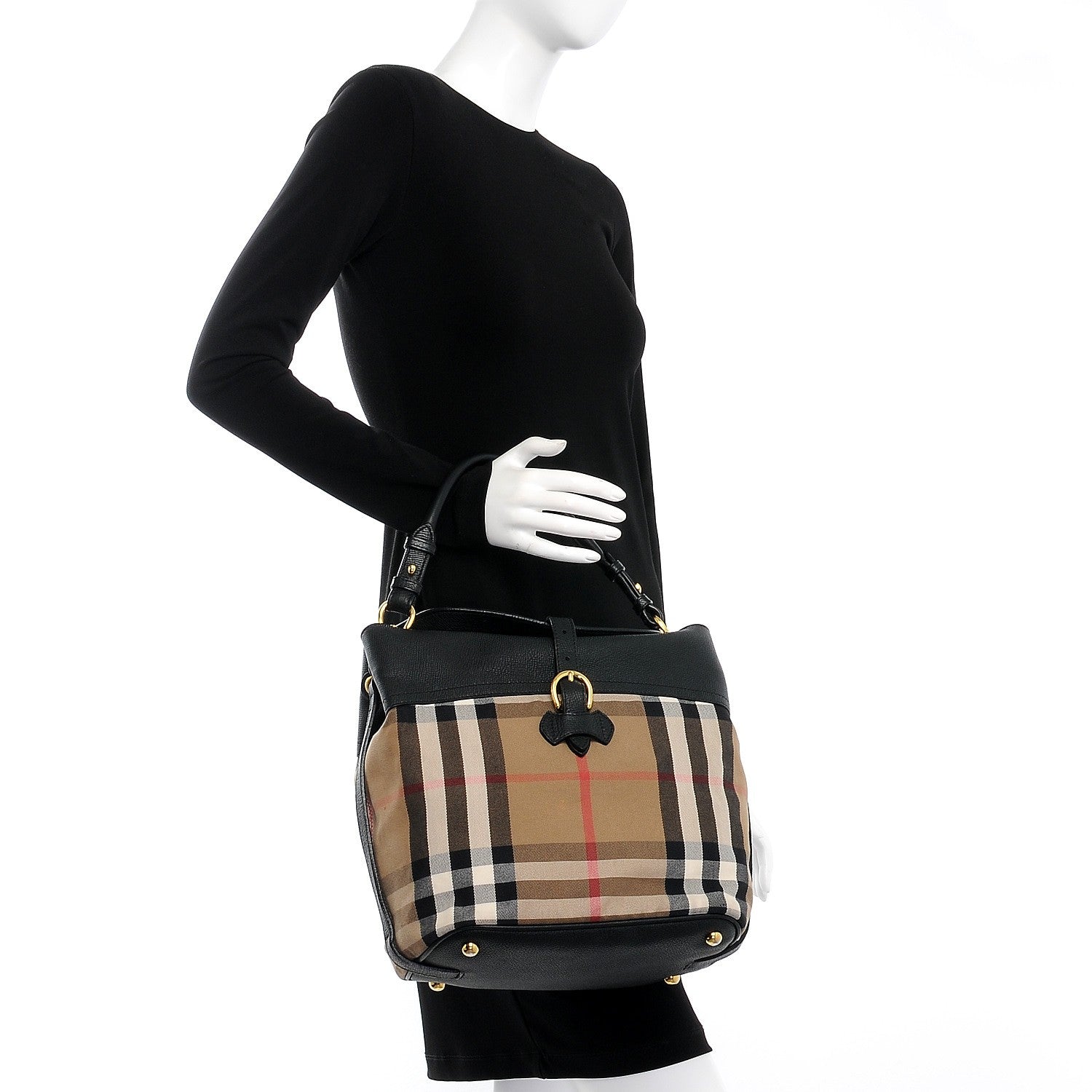 Burberry Grainy Calfskin House Check Medium Sycamore Hobo Black 2 of 14