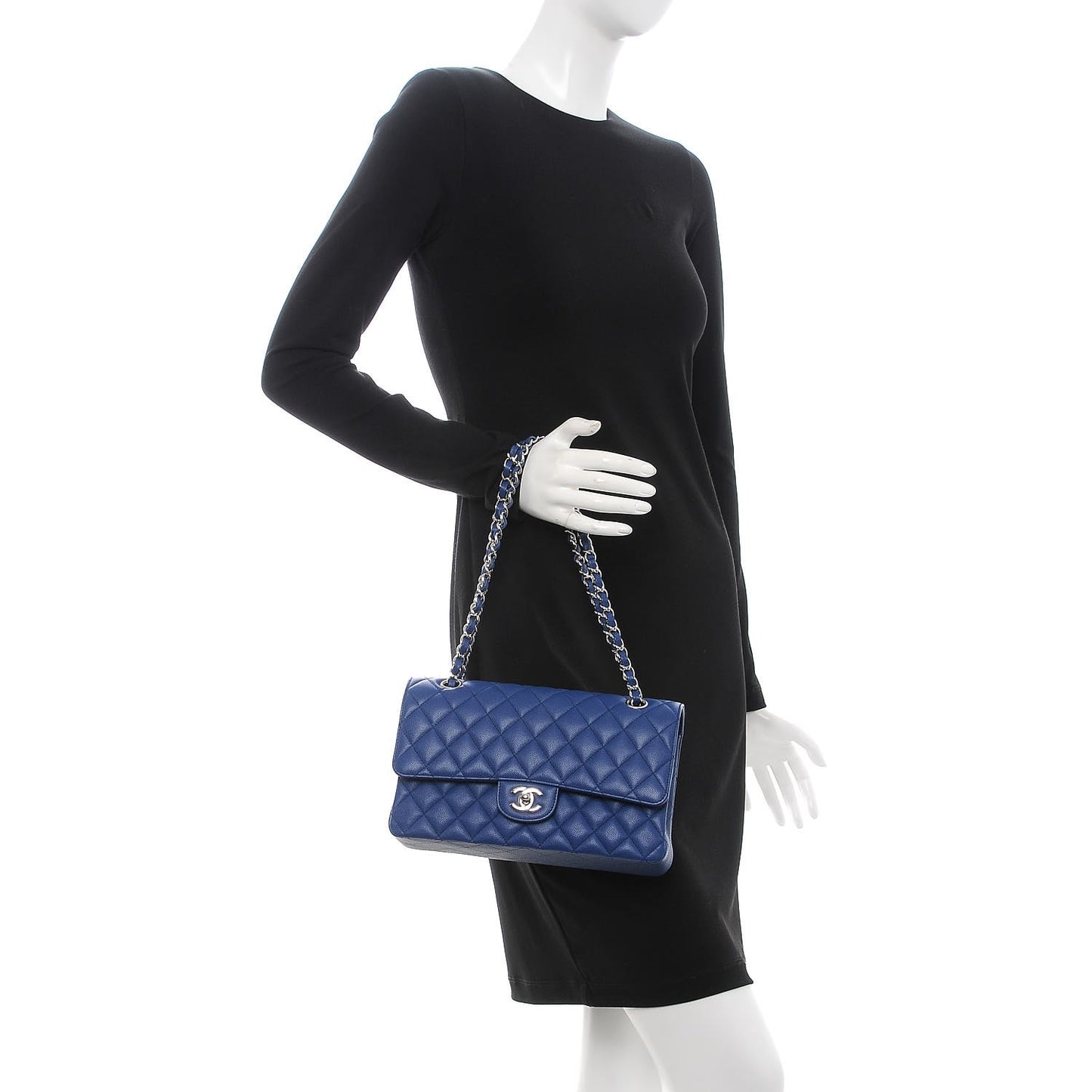 Caviar Quilted Medium Double Flap Dark Blue