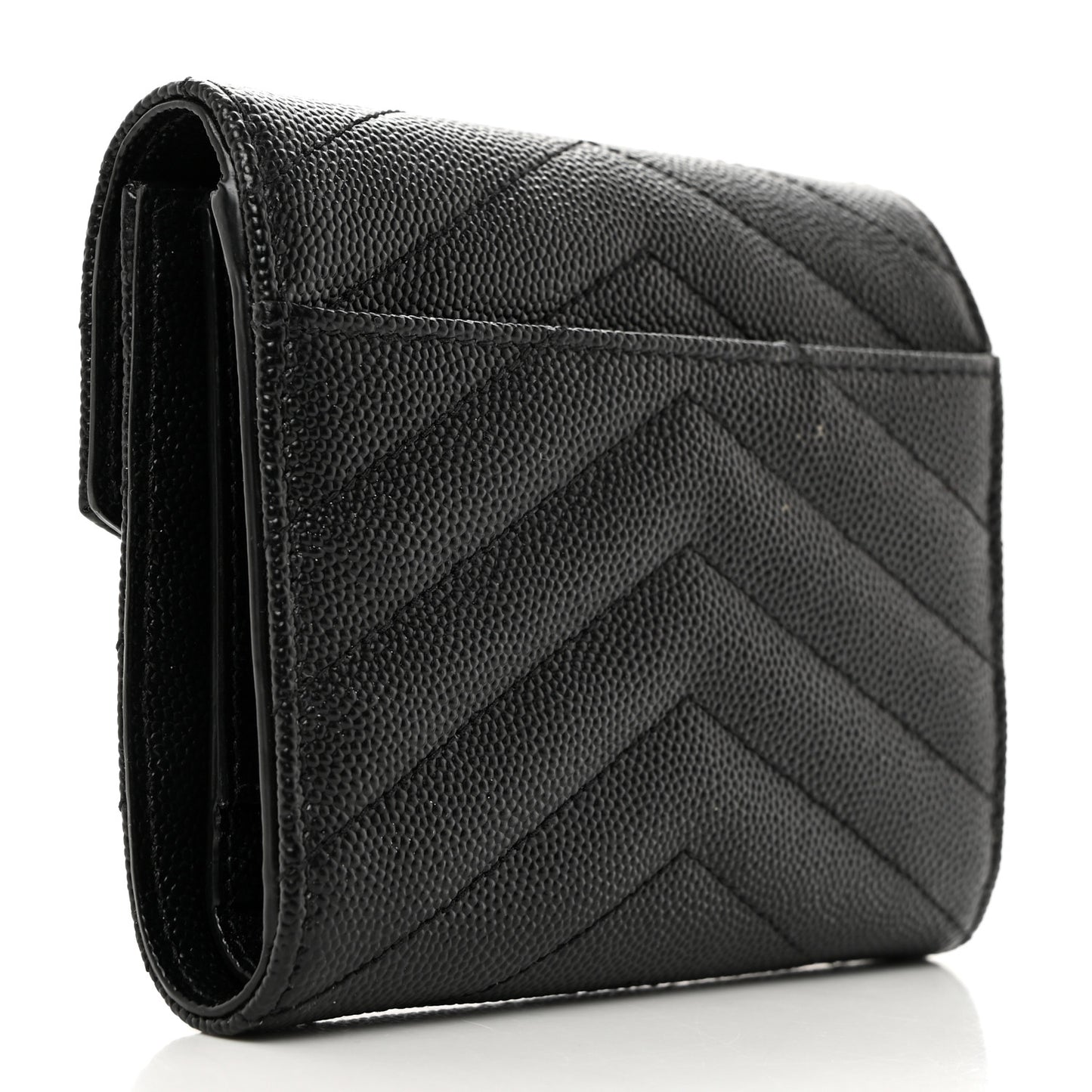 SAINT LAURENT Grain De Poudre Matelasse Chevron Monogram Compact Tri Fold Wallet Black