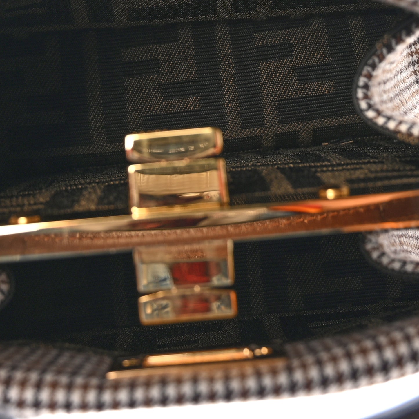 Wool Fabric Jacquard Cuoio Small Houndstooth FF 1974 Petite Peekaboo I SEE U Satchel Grigio Anthracite