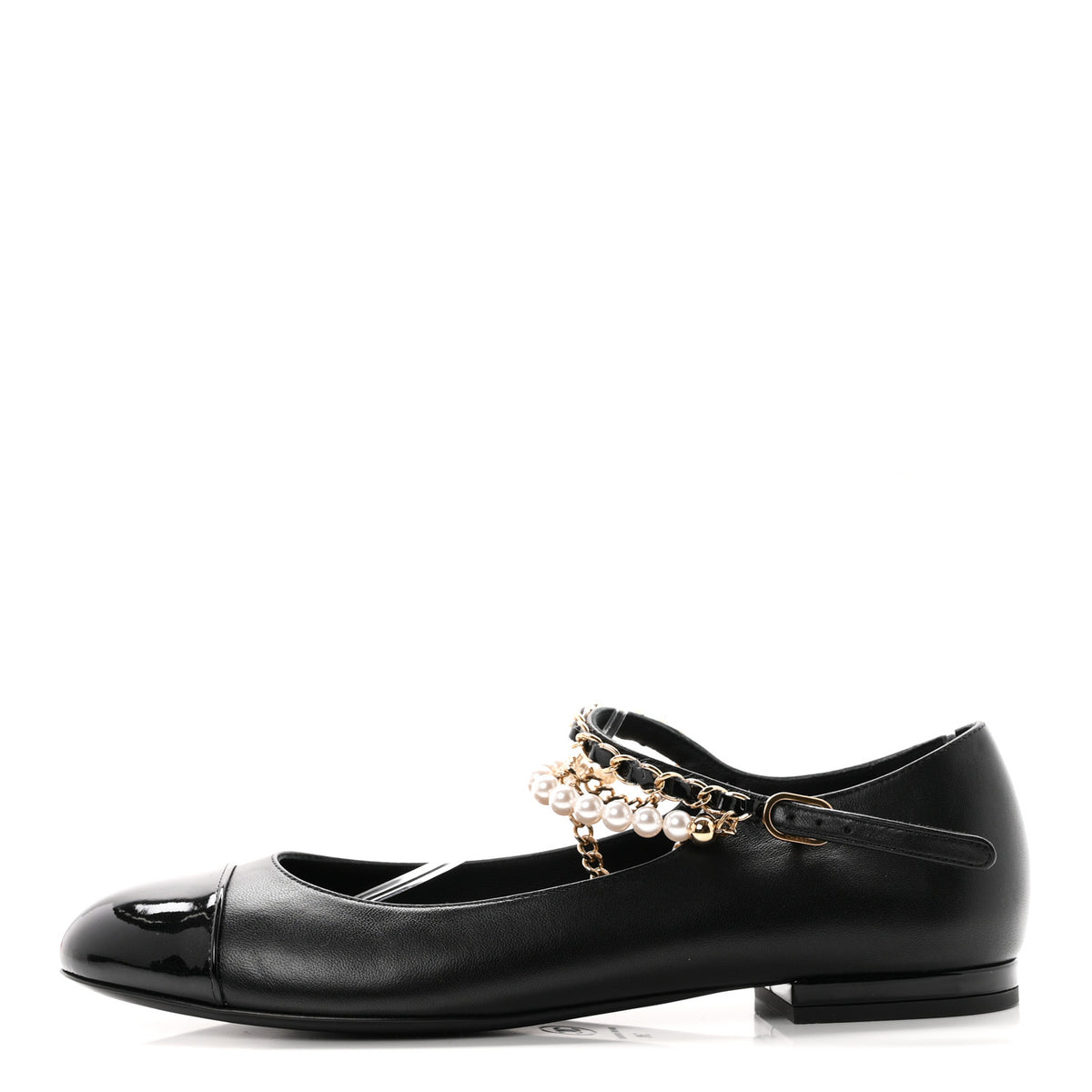 Chanel Shiny Lambskin Pearl Cap Toe Ankle Chain Ballerina Flats 38 Black 1 of 9