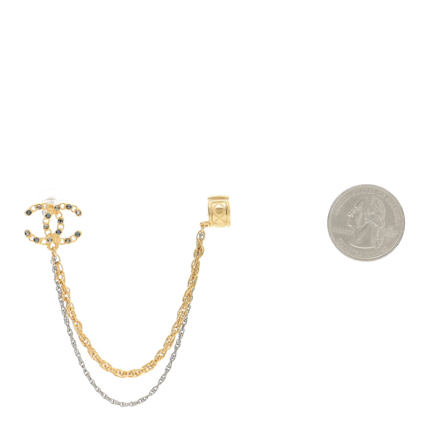 Chanel Crystal CC Chain Cuff Single Earring Gold Silver 2 of 6