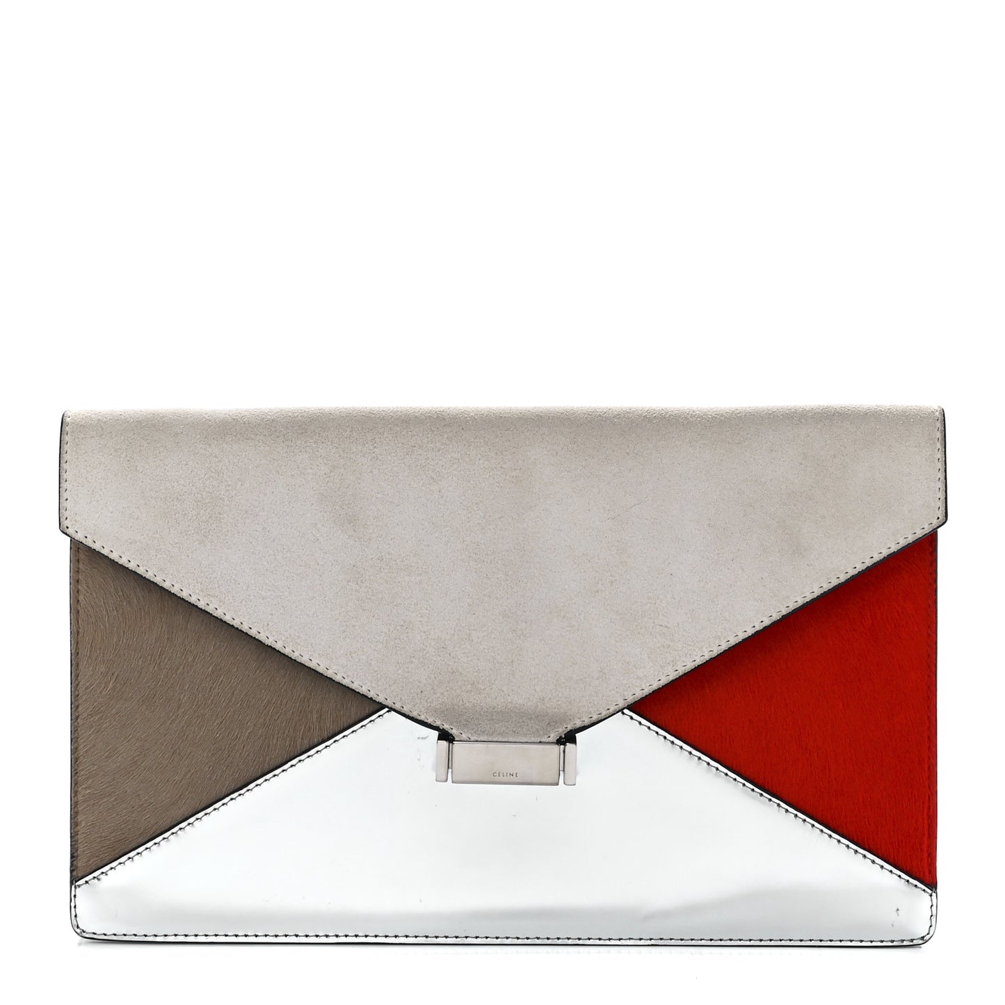 Calfskin Suede Pony Hair Patent Tri-Color Diamond Clutch White Silver Red