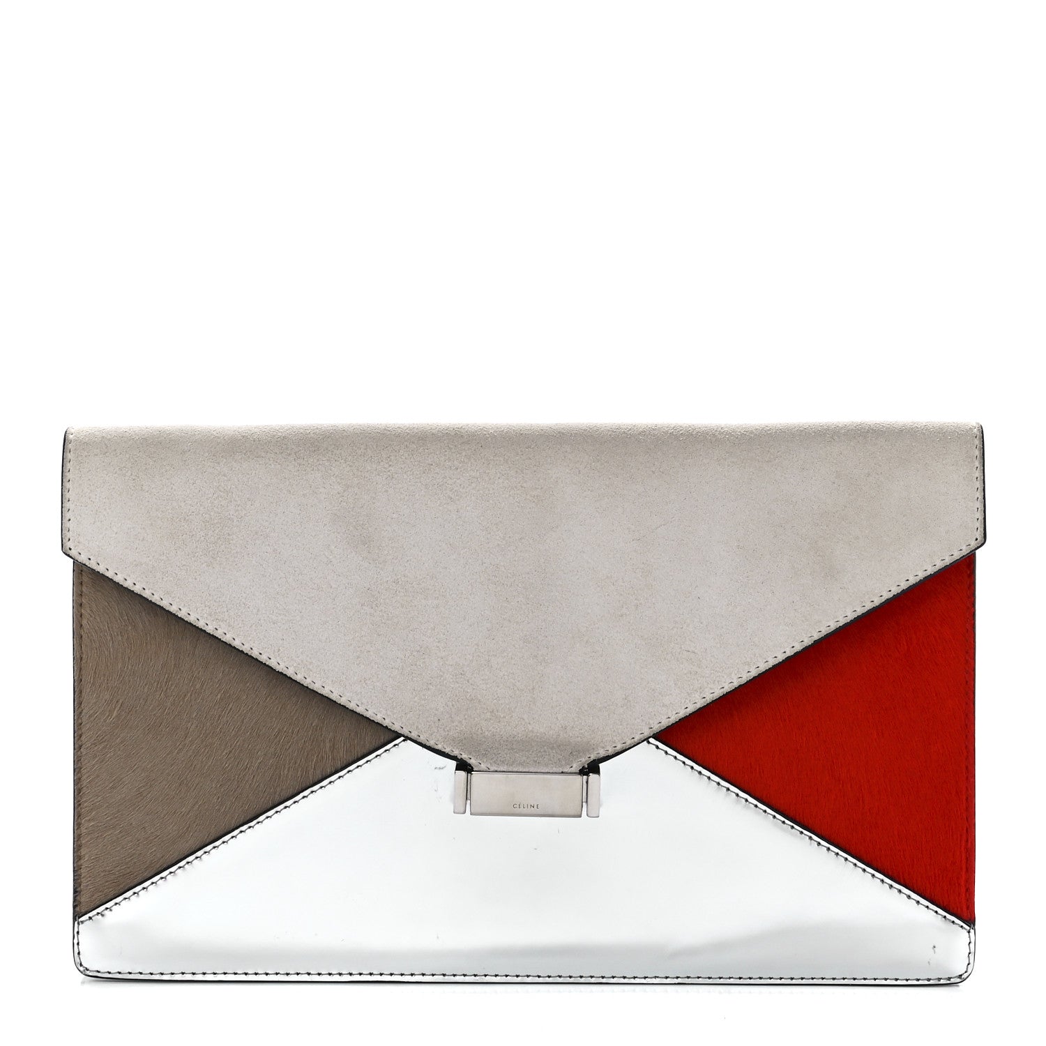 Celine Calfskin Suede Pony Hair Patent Tri-Color Diamond Clutch White Silver Red 1 of 11