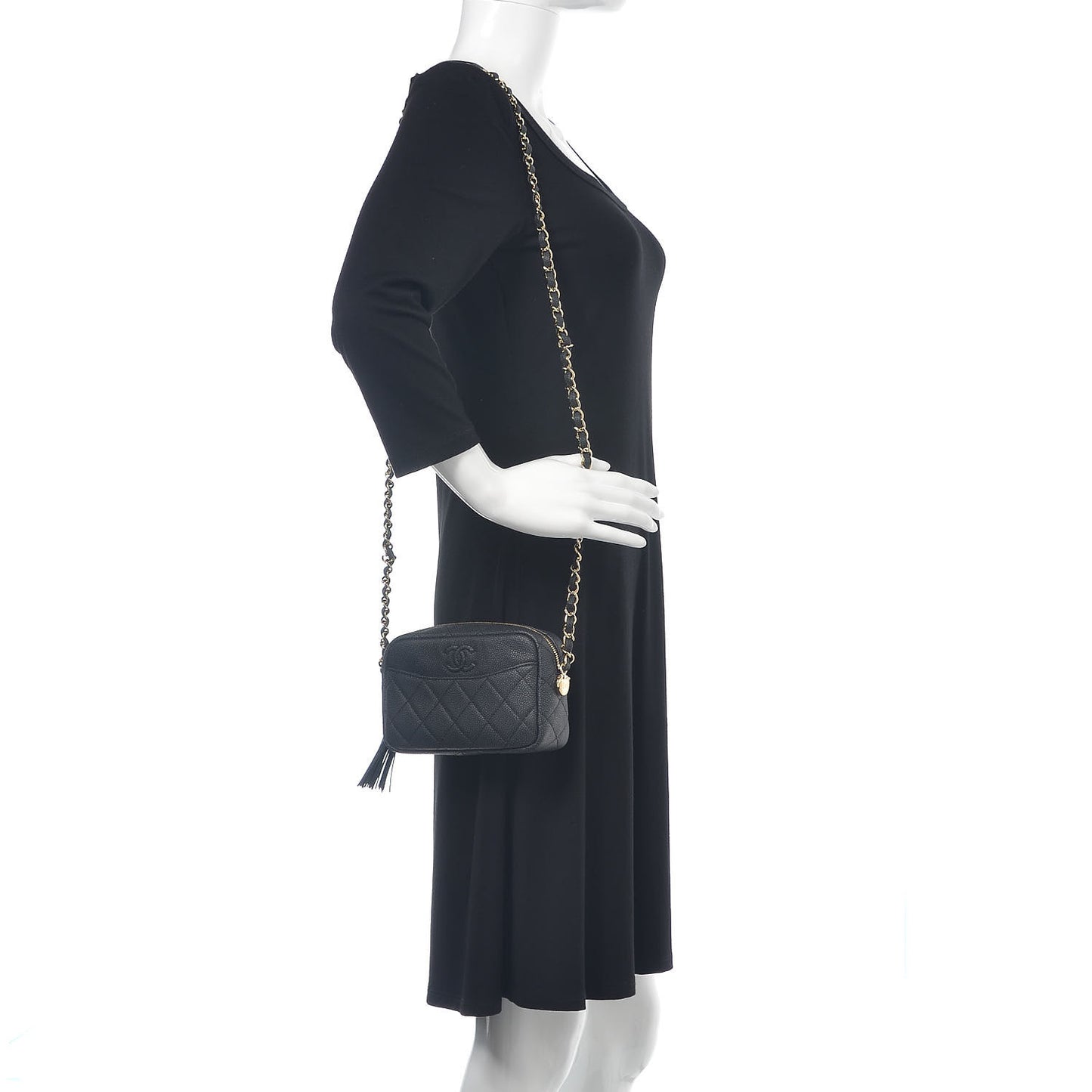 Caviar Quilted Mini Coco Tassel Camera Case Black