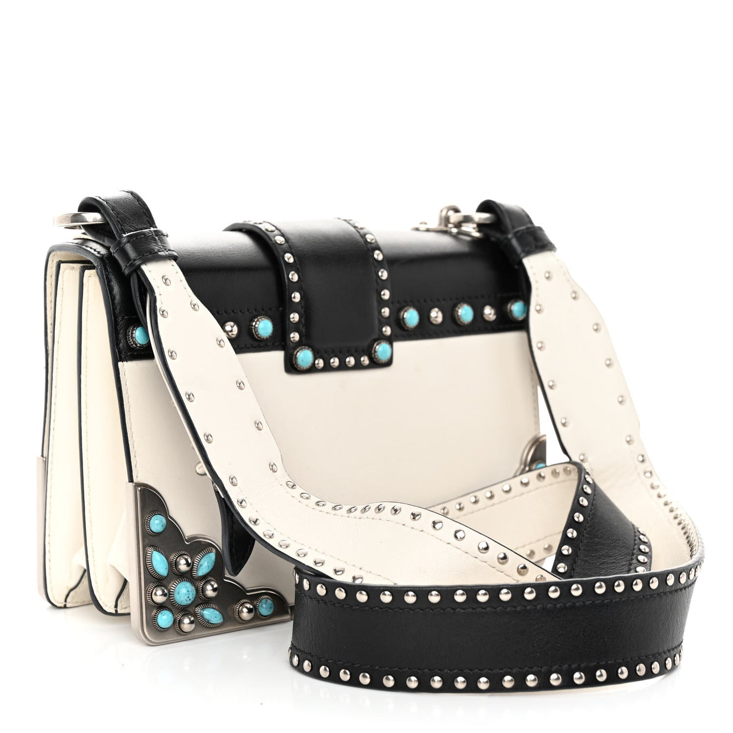 City Calf Studded Folk Cahier Bag Black White