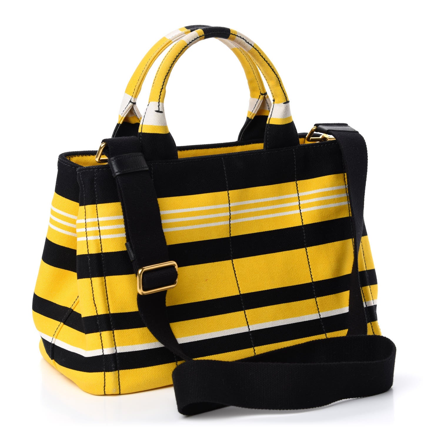 Prada Canvas Canapa Righe Striped Logo Tote Yellow Black 4 of 12