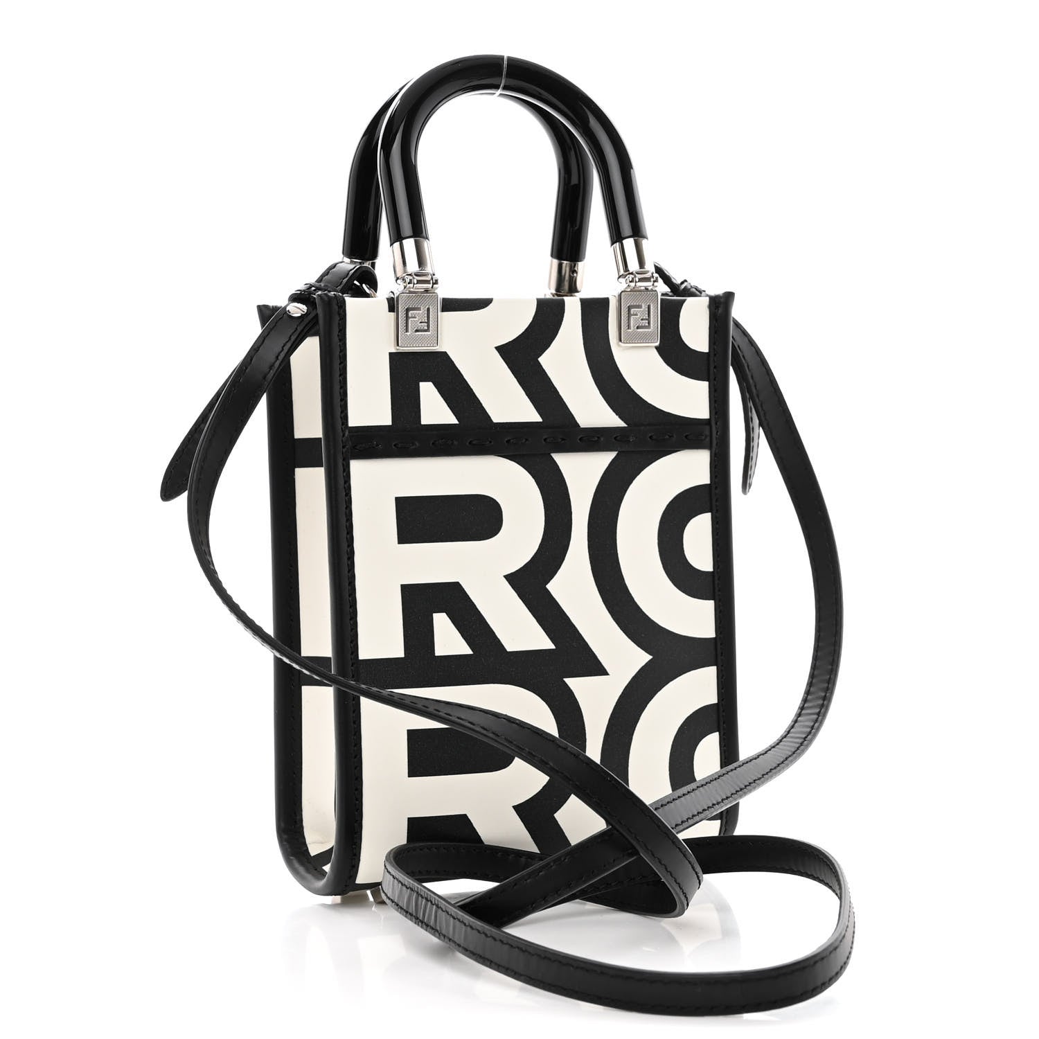 Fendi X MARC JACOBS Vitello King Plexiglass Logo Print Mini Fendi Sunshine Shopper Tote Black White 3 of 10