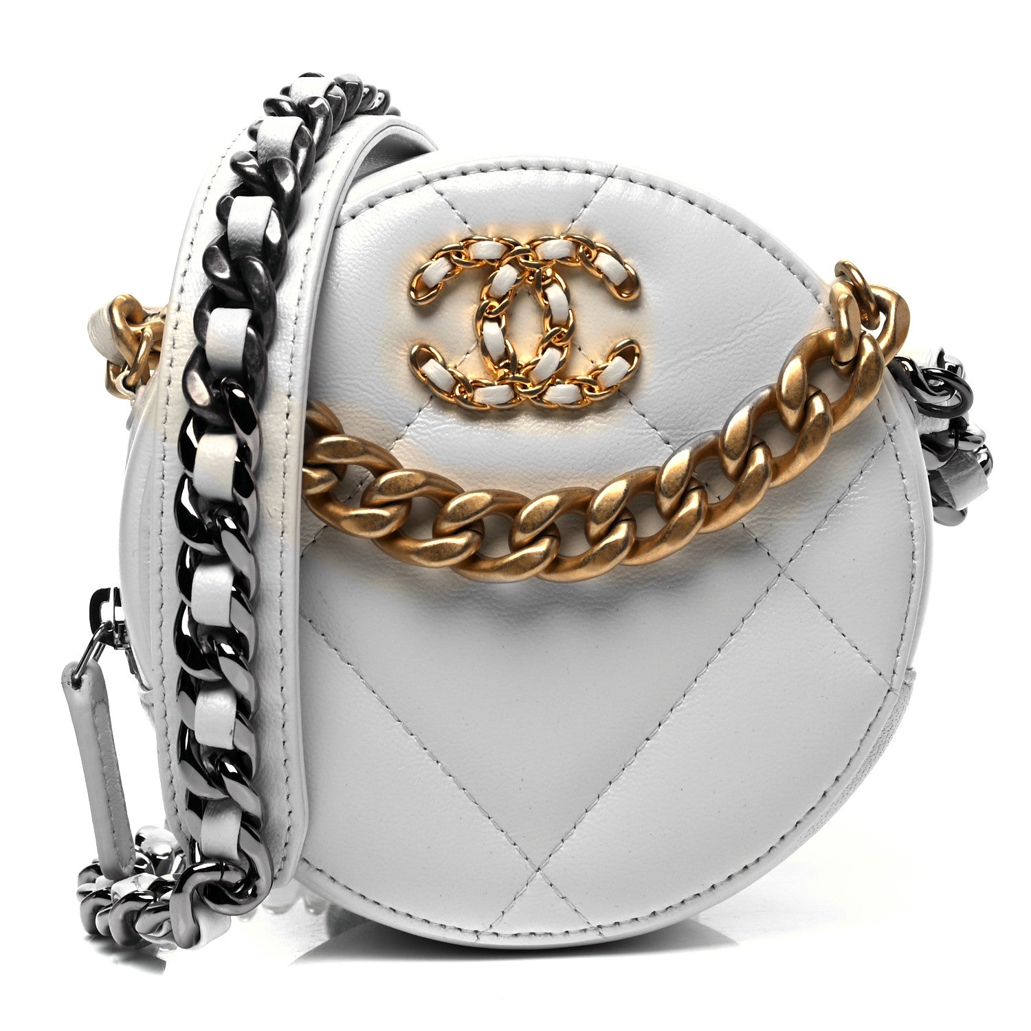 Chanel Goatskin Quilted Chanel 19 Round Clutch With Chain White 1 of 9