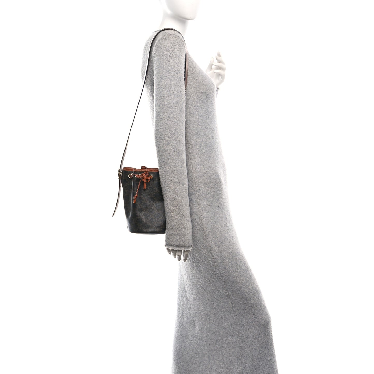 Triomphe Canvas Calfskin Small Drawstring Bucket Bag Tan Tan