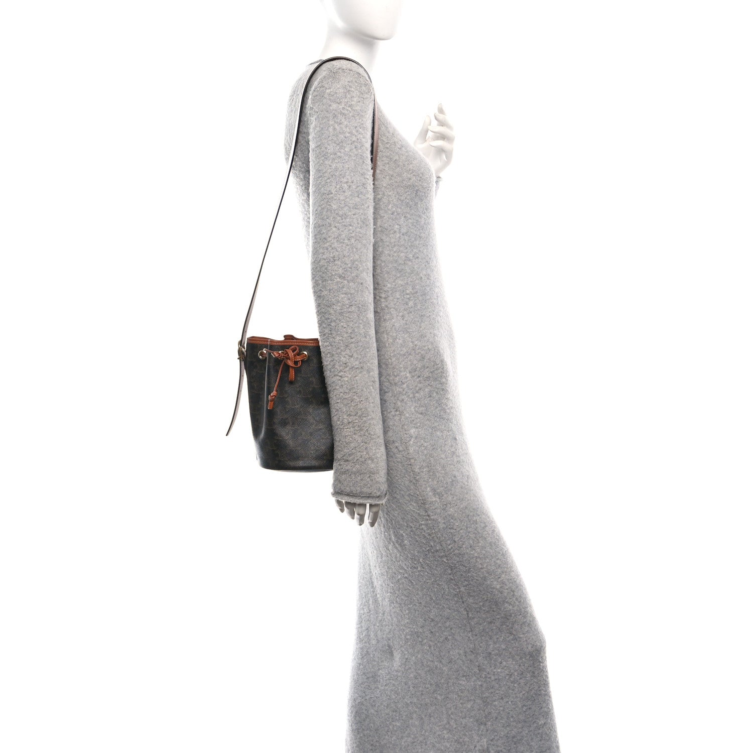 Celine Triomphe Canvas Calfskin Small Drawstring Bucket Bag Tan Tan 2 of 10
