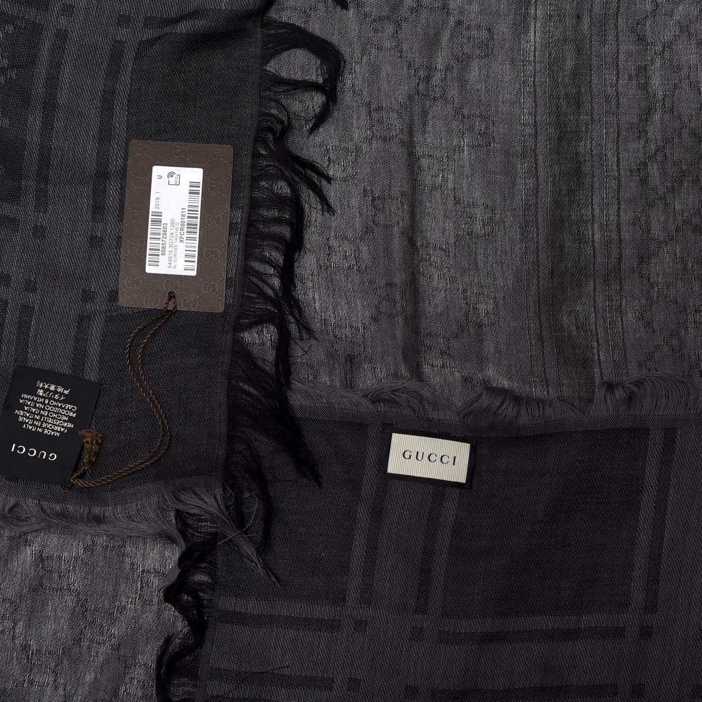 Wool Silk GG Monogram Diamante Plaid Surviee Shawl Graphite Black