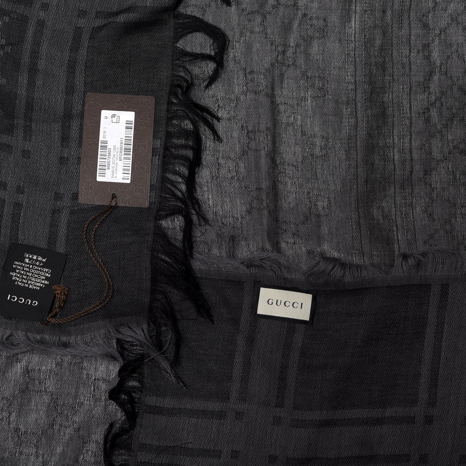Gucci Wool Silk GG Monogram Diamante Plaid Surviee Shawl Graphite Black 3 of 3