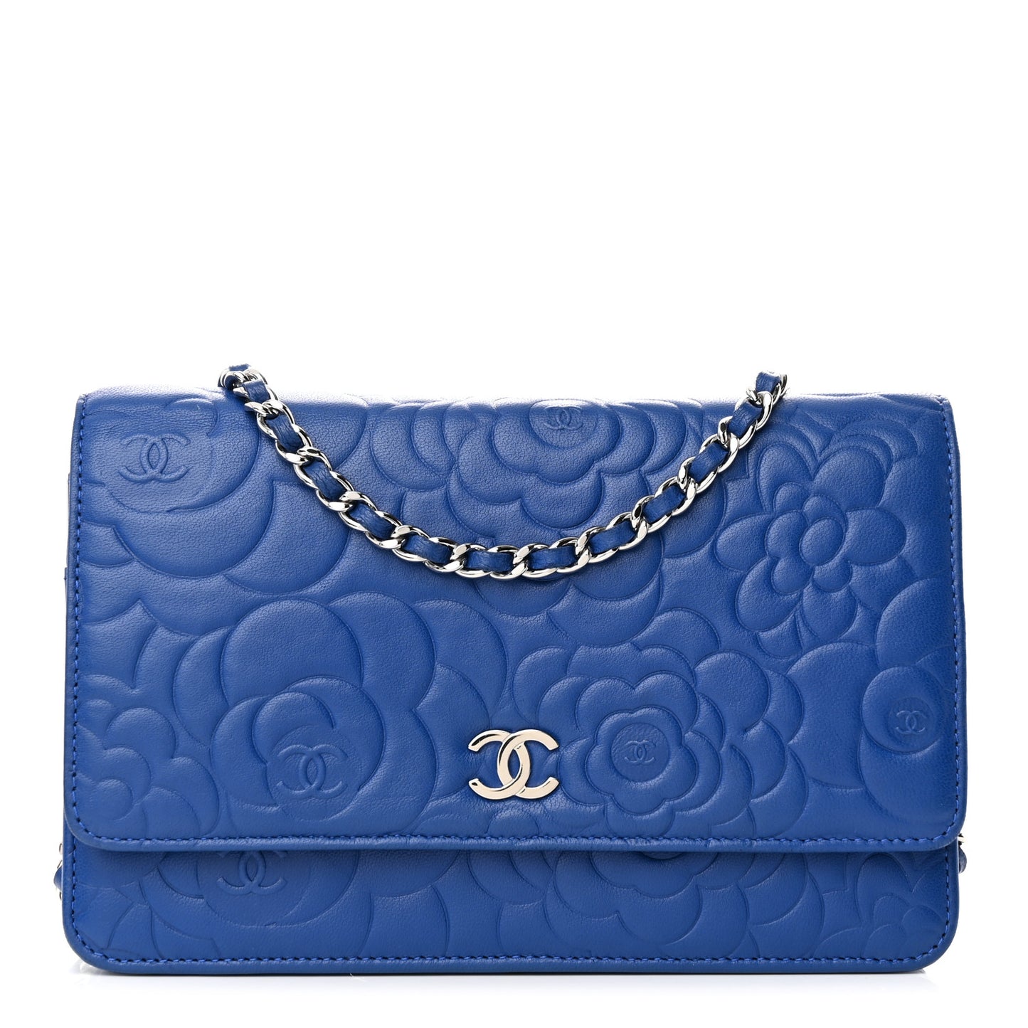 Lambskin Camellia Embossed Wallet on Chain WOC Blue