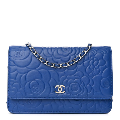 Chanel Lambskin Camellia Embossed Wallet on Chain WOC Blue 1 of 13