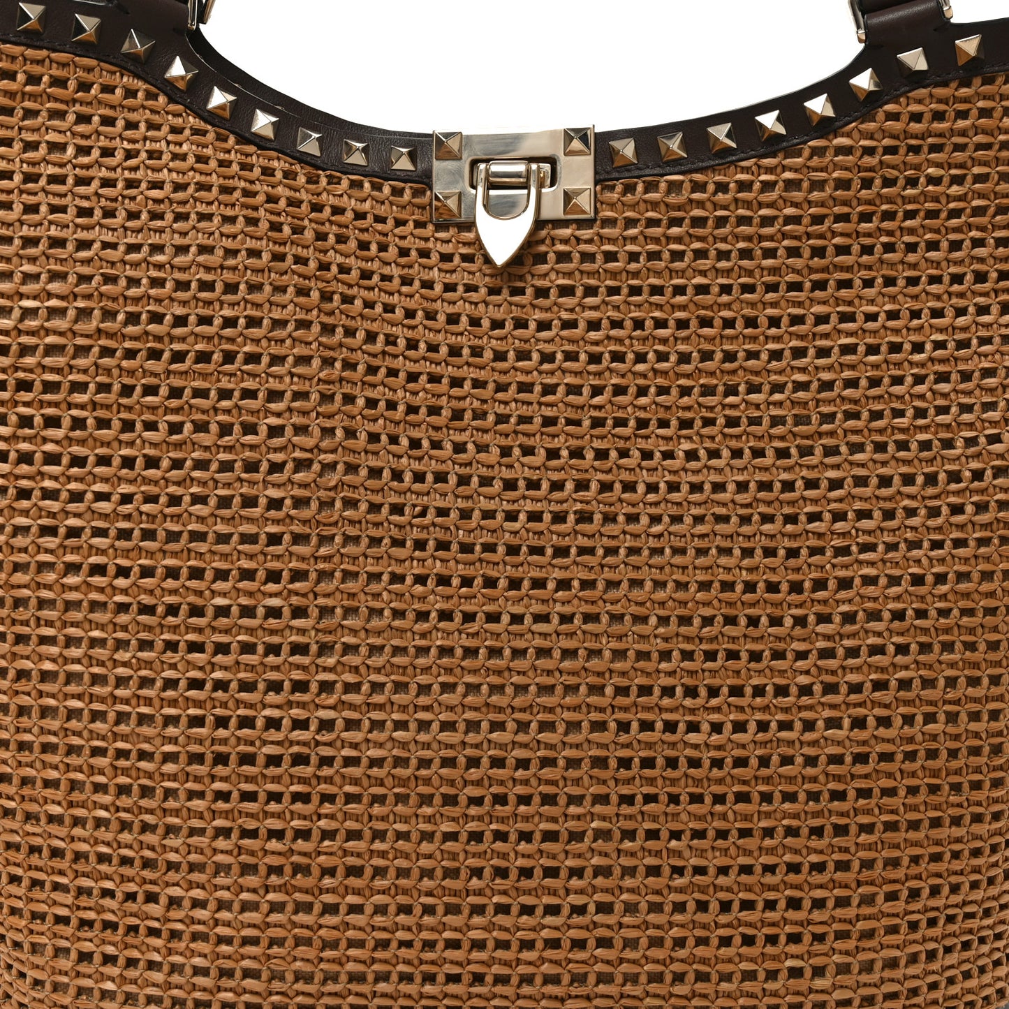 Synthetic Raffia Calfskin Rockstud Garden Tote Bag Tobacco Cacao