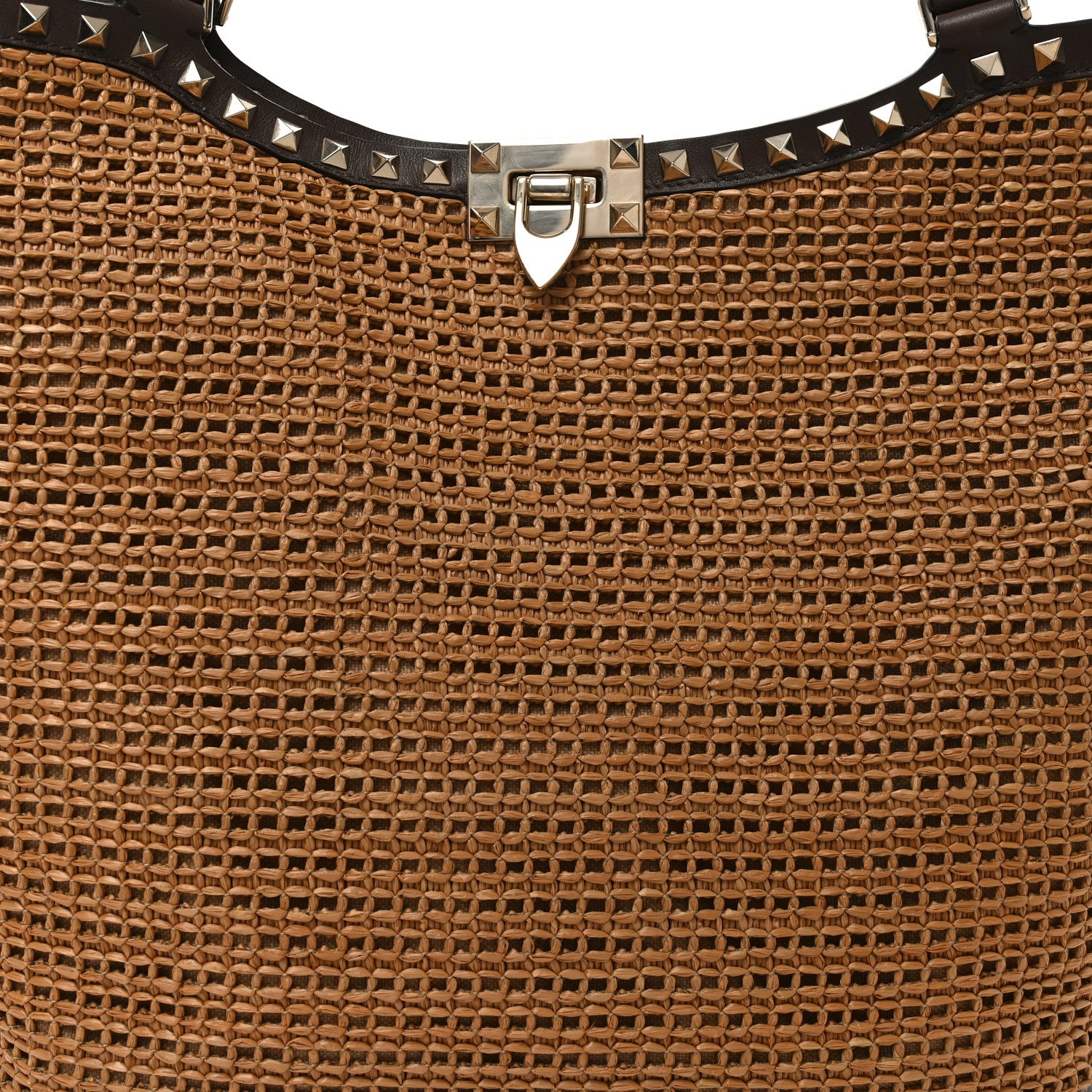 Valentino Garavani Synthetic Raffia Calfskin Rockstud Garden Tote Bag Tobacco Cacao 8 of 10