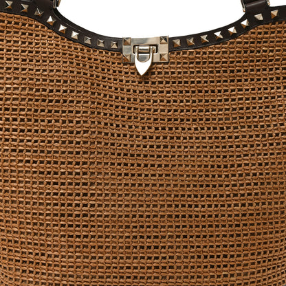 Valentino Garavani Synthetic Raffia Calfskin Rockstud Garden Tote Bag Tobacco Cacao 8 of 10
