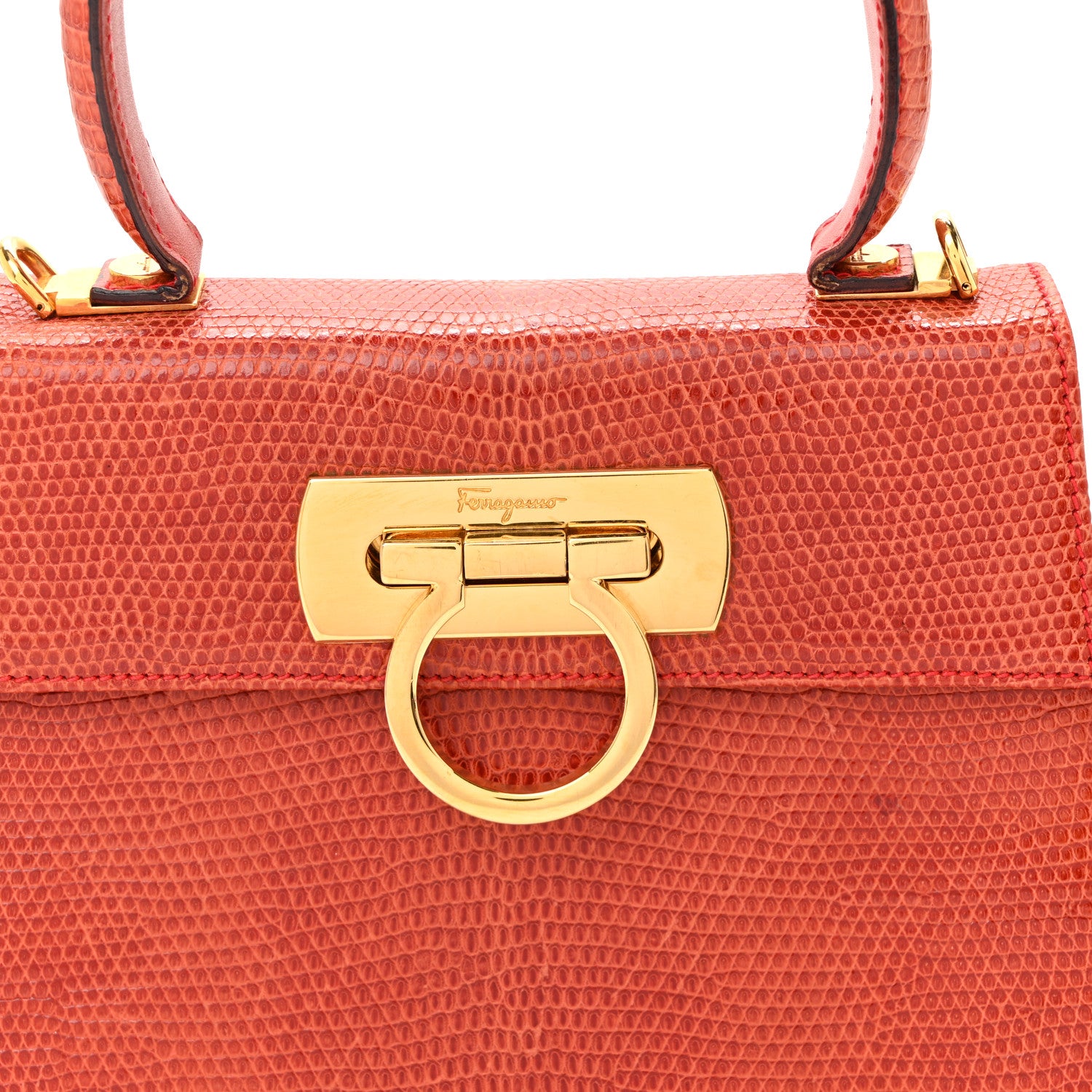 Salvatore Ferragamo Lizard Iconic Small Top Handle Bag Orange 7 of 9